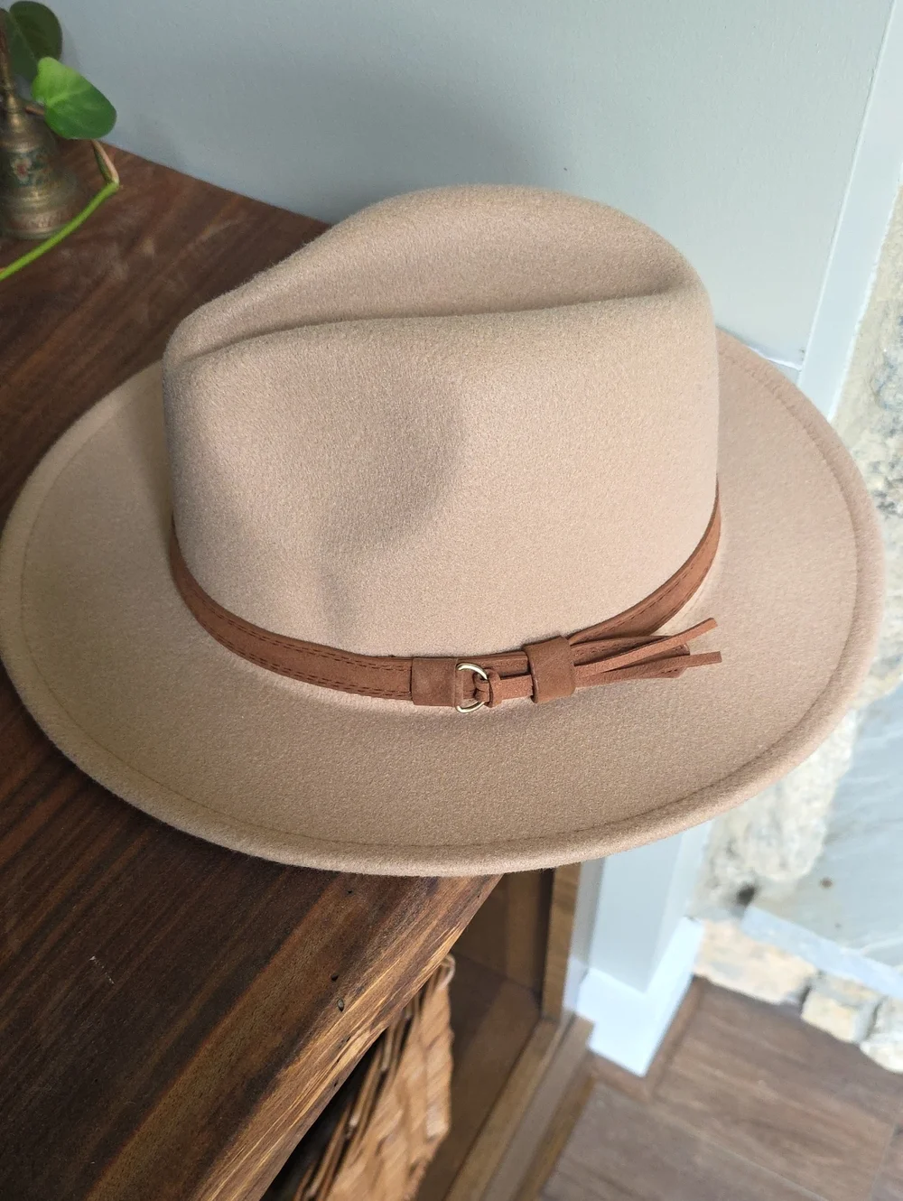 Beige Wool Felt Fedora Hat with Brown Band